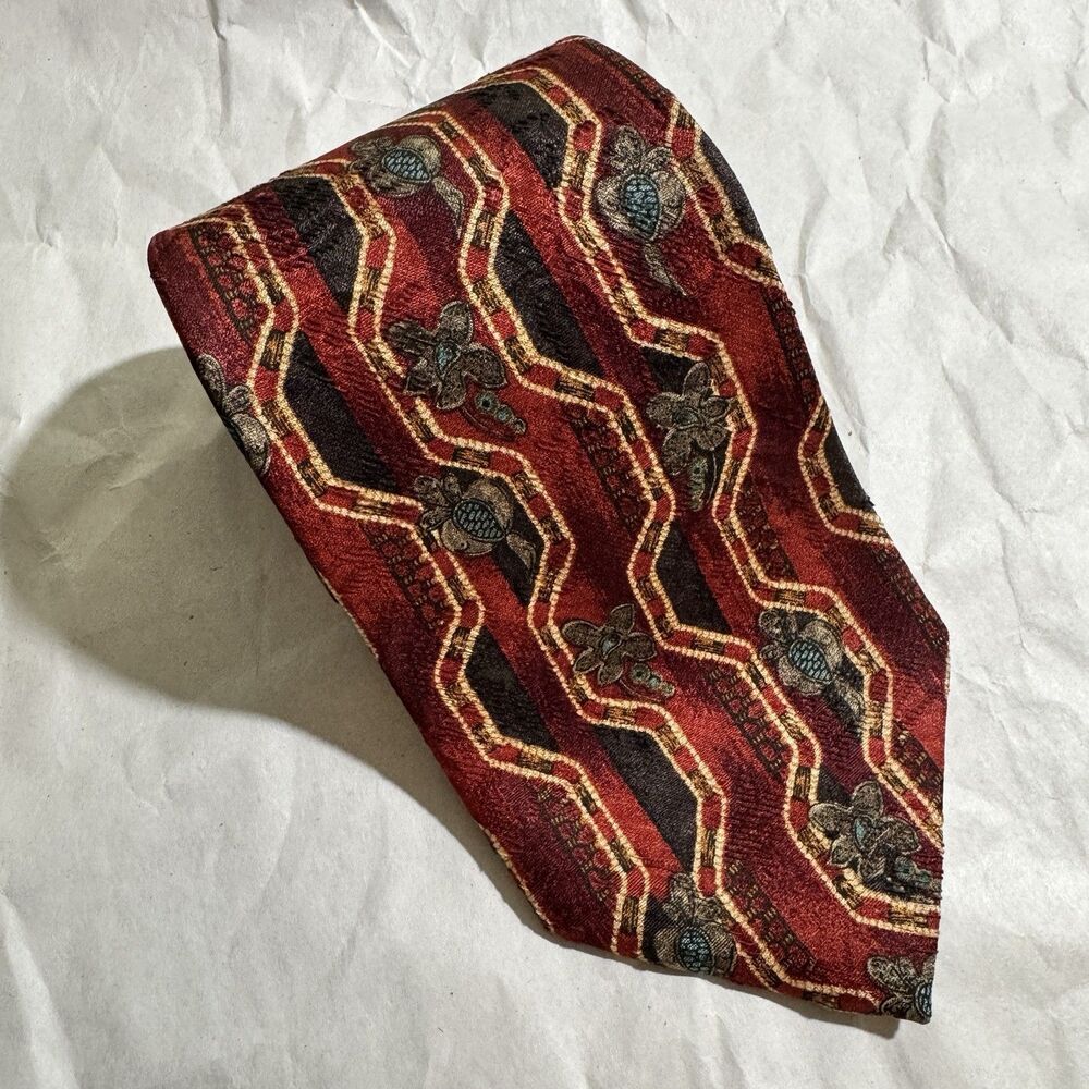 ERMENEGILDO ZEGNA Red Brown Geometric 100% Silk Mens Tie Made in Italy 56x 3.75"
